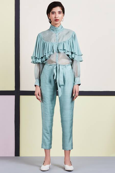 Sue Mue_Blue Organza, Georgette, Satin Round Frill Top _Online_at_Aza_Fashions