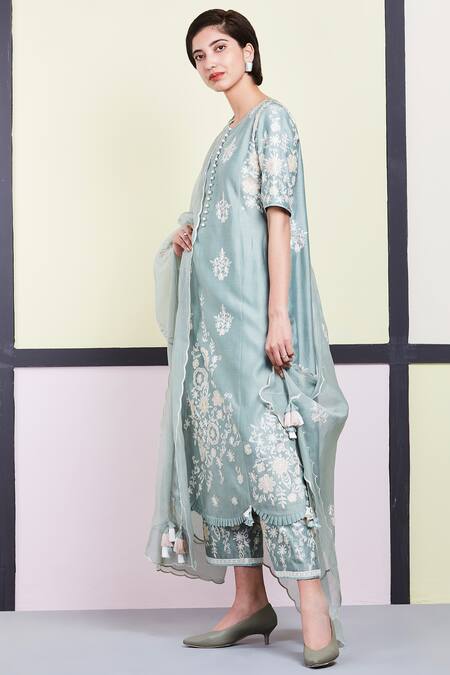 Sue Mue_Blue Organza, Mul, Chanderi Cotton Round Kurta Set _Online_at_Aza_Fashions