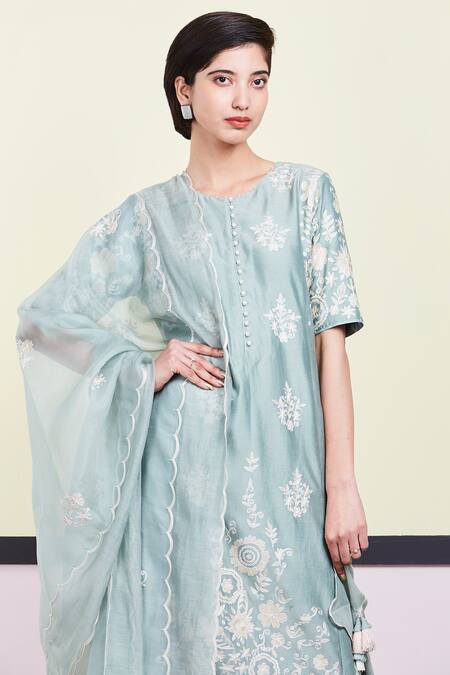 Buy_Sue Mue_Blue Organza, Mul, Chanderi Cotton Round Kurta Set _Online_at_Aza_Fashions
