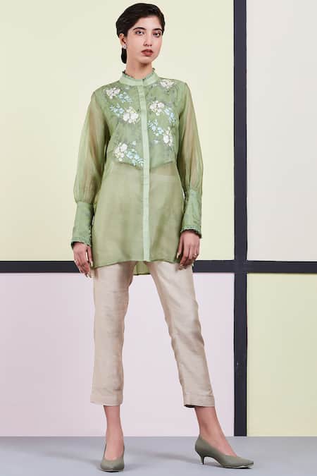 Sue Mue Green Organza, Georgette Stand Collar Embroidered Shirt Online at Aza Fashions Sue Mue_Green Organza, Georgette Stand Collar Embroidered Shirt_Online_at_Aza_Fashions