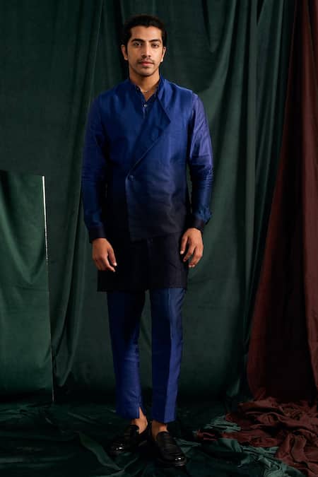 Project Bandi_Blue Satin, Linen Ombre Kurta And Overlap Bundi Set _Online_at_Aza_Fashions