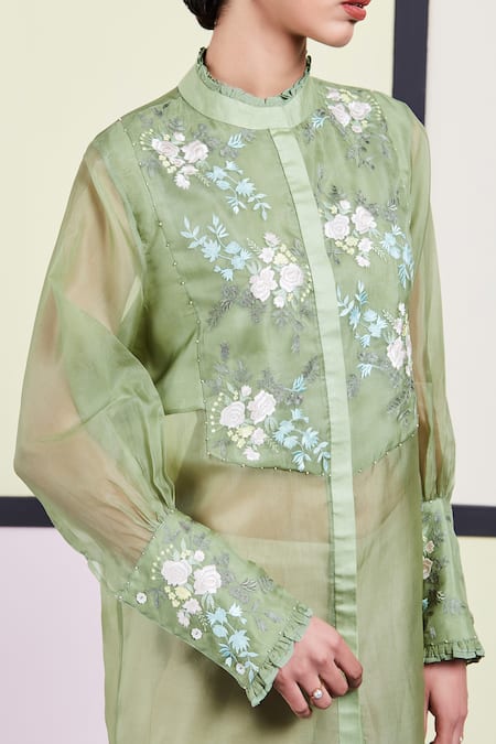 Buy Sue Mue Green Organza, Georgette Stand Collar Embroidered Shirt Online at Aza Fashions Buy_Sue Mue_Green Organza, Georgette Stand Collar Embroidered Shirt_Online_at_Aza_Fashions
