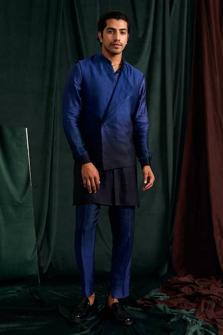 Buy_Project Bandi_Blue Satin, Linen Ombre Kurta And Overlap Bundi Set _Online_at_Aza_Fashions