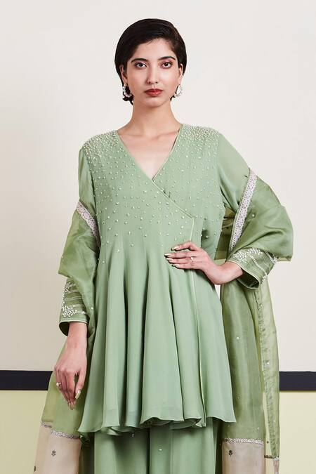 Buy_Sue Mue_Green Organza, Georgette Surplice Embroidered Short Anarkali Pant Set _Online_at_Aza_Fashions