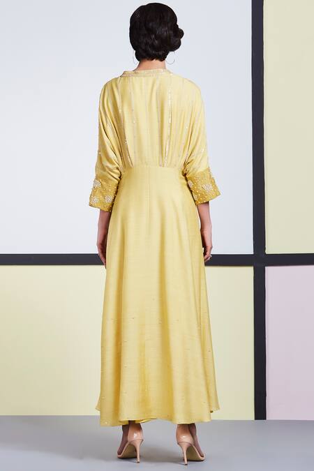 Shop_Sue Mue_Yellow Organza, Tusser Georgette V Neck Embroidered Kaftan Pant Set _at_Aza_Fashions