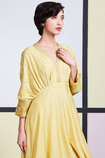 Sue Mue_Yellow Organza, Tusser Georgette V Neck Embroidered Kaftan Pant Set _Online_at_Aza_Fashions