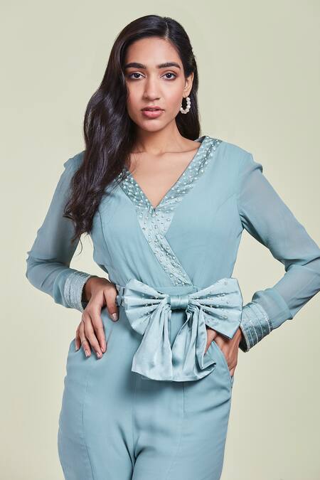 Sue Mue Blue Georgette, Satin Surplice Embroidered Jumpsuit Online at Aza Fashions Sue Mue_Blue Georgette, Satin Surplice Embroidered Jumpsuit _Online_at_Aza_Fashions