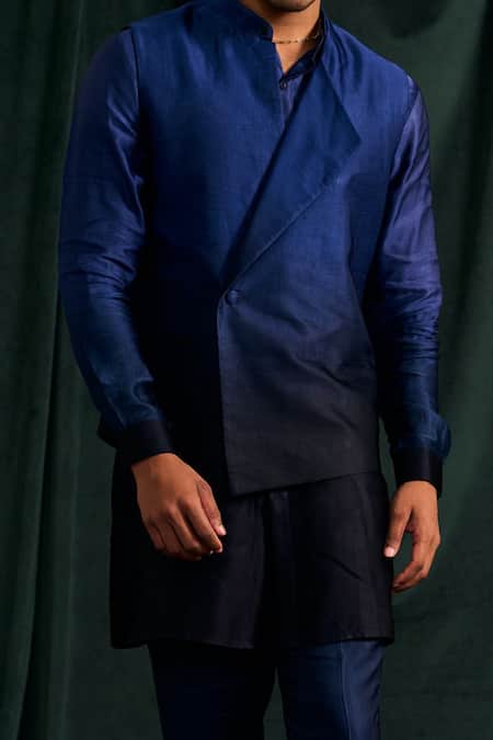 Shop_Project Bandi_Blue Satin, Linen Ombre Kurta And Overlap Bundi Set _Online_at_Aza_Fashions