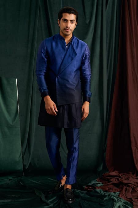 Project Bandi_Blue Satin, Linen Ombre Kurta And Overlap Bundi Set _at_Aza_Fashions