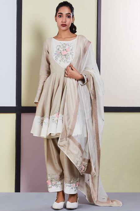 Sue Mue_Beige Mul, Chanderi Cotton, Tussar Georgette Boat Anarkali Pant Set_Online_at_Aza_Fashions