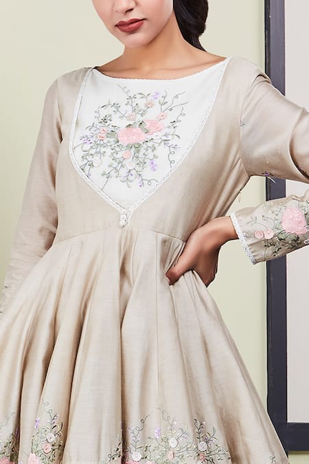 Shop_Sue Mue_Beige Mul, Chanderi Cotton, Tussar Georgette Boat Anarkali Pant Set_Online_at_Aza_Fashions