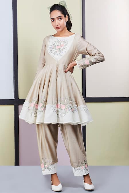 Buy_Sue Mue_Beige Mul, Chanderi Cotton, Tussar Georgette Boat Anarkali Pant Set_Online_at_Aza_Fashions