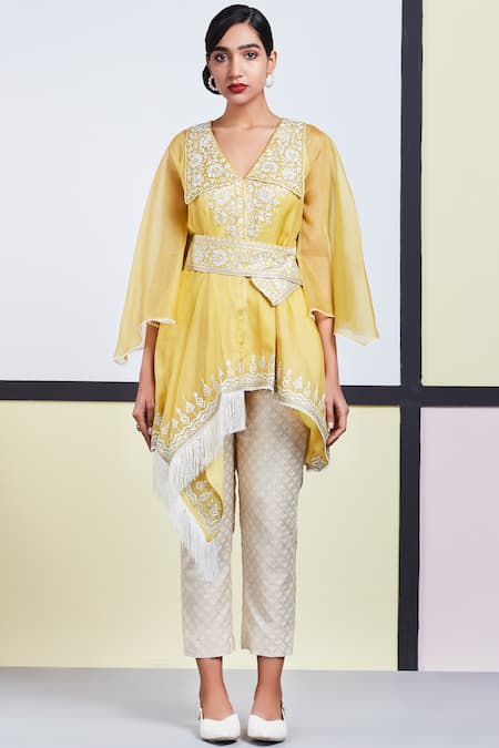 Sue Mue_Yellow Organza, Tussar Georgette V Neck Embroidered Tunic Pant Set _Online_at_Aza_Fashions