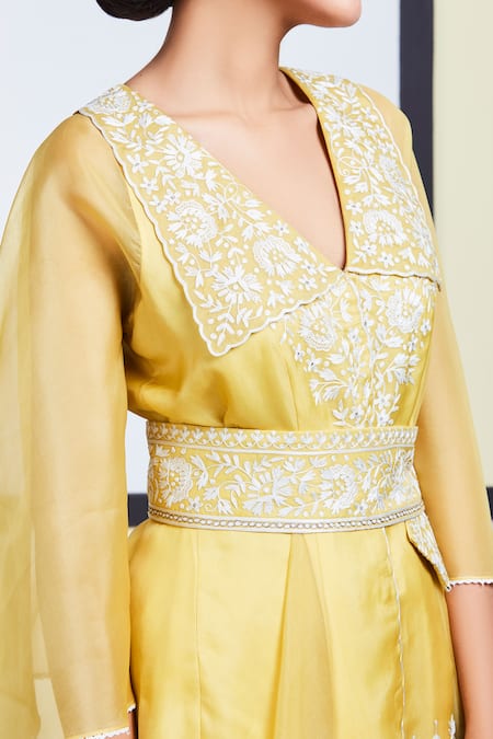 Buy_Sue Mue_Yellow Organza, Tussar Georgette V Neck Embroidered Tunic Pant Set _Online_at_Aza_Fashions