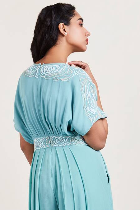 Sue Mue_Blue Georgette Round Floral Embroidered Jumpsuit _Online_at_Aza_Fashions