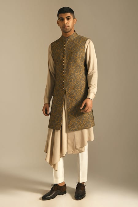 Buy_Dhruv Vaish_Yellow Cotton Silk Chanderi Long Nehru Jacket _Online_at_Aza_Fashions