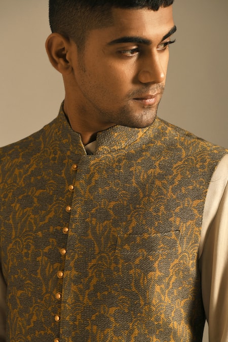 Shop_Dhruv Vaish_Yellow Cotton Silk Chanderi Long Nehru Jacket _Online_at_Aza_Fashions