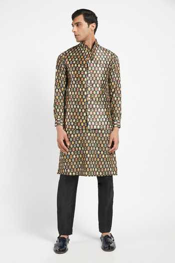 Rabani & Rakha_Black Kurta Crepe Pant Cotton Silk Bundi Dupion Printed Set _Online_at_Aza_Fashions