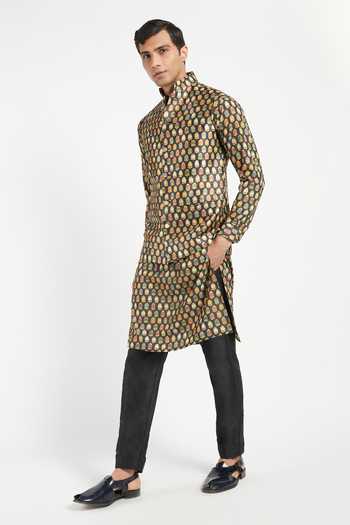 Buy_Rabani & Rakha_Black Kurta Crepe Pant Cotton Silk Bundi Dupion Printed Set _Online_at_Aza_Fashions