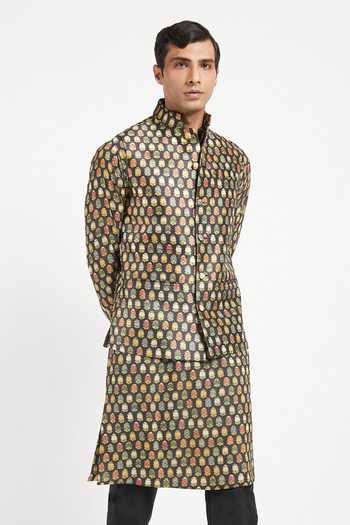 Shop_Rabani & Rakha_Black Kurta Crepe Pant Cotton Silk Bundi Dupion Printed Set _Online_at_Aza_Fashions