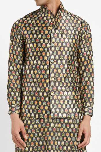 Rabani & Rakha_Black Kurta Crepe Pant Cotton Silk Bundi Dupion Printed Set _at_Aza_Fashions
