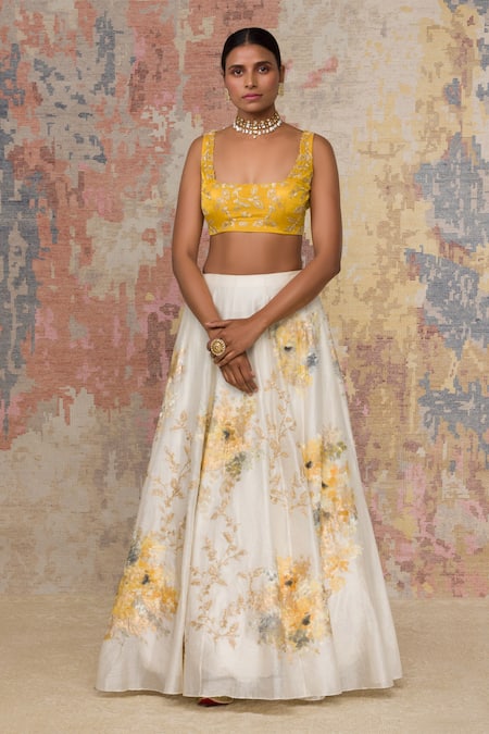 Devnaagri_White Chanderi Scoop Neck Lehenga Set _Online_at_Aza_Fashions