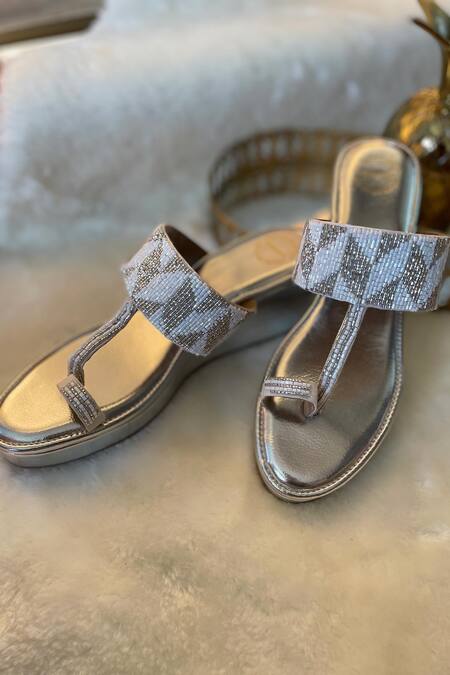 Modanta Footwear_Silver Embroidery Cutdana Kolhapuri Wedges _Online_at_Aza_Fashions