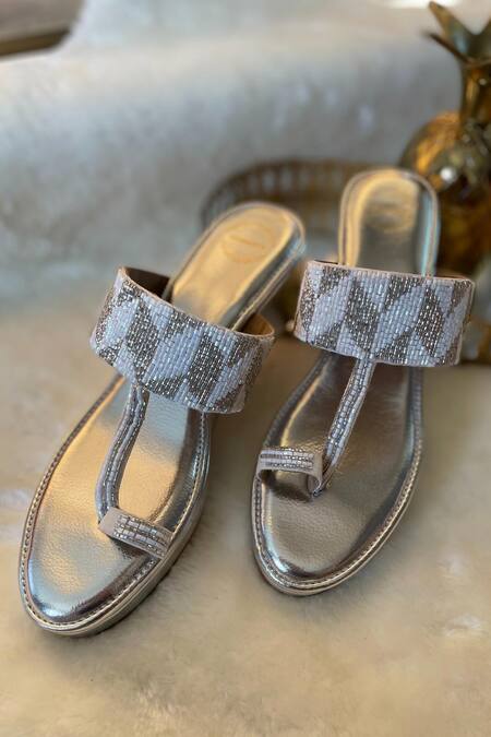 Buy_Modanta Footwear_Silver Embroidery Cutdana Kolhapuri Wedges _Online_at_Aza_Fashions