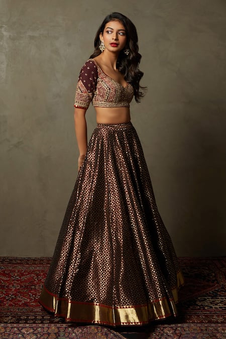 RI.Ritu Kumar_Brown Blouse Chinon, Dupatta Organza, Lehenga Banaras Bridal Set _Online_at_Aza_Fashions