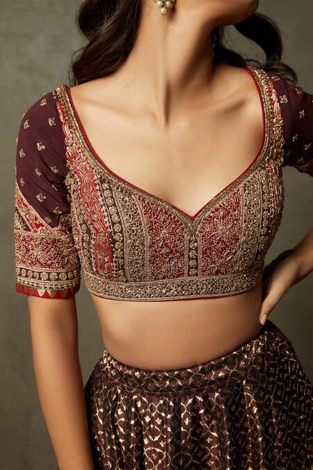 Shop_RI.Ritu Kumar_Brown Blouse Chinon, Dupatta Organza, Lehenga Banaras Bridal Set _Online_at_Aza_Fashions