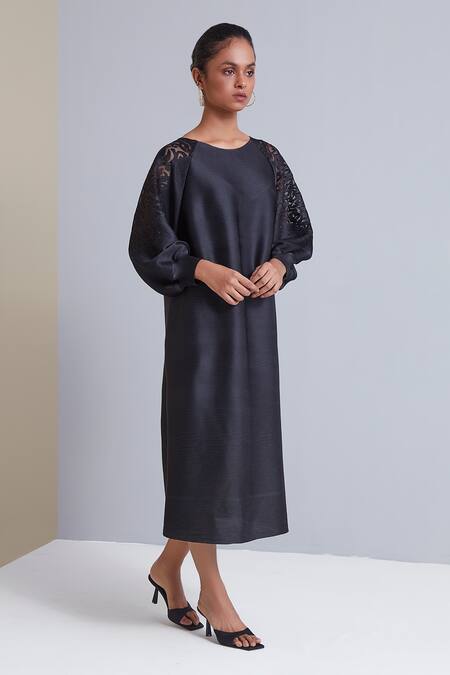 Scarlet Sage_Black 100% Polyester Floral Round Sophie Sheer Shoulder Dress_Online_at_Aza_Fashions