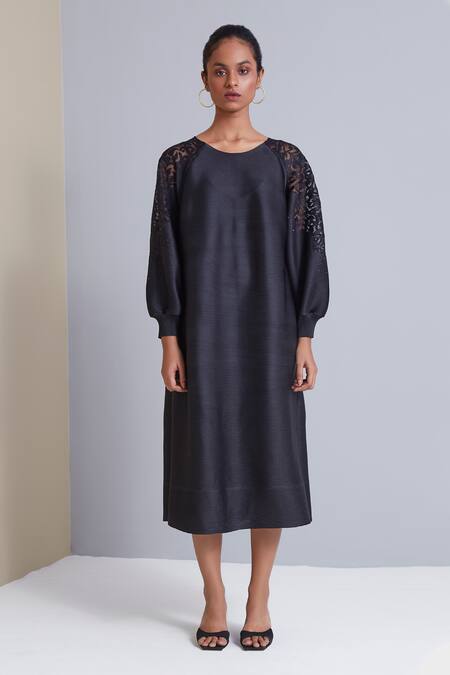 Buy_Scarlet Sage_Black 100% Polyester Floral Round Sophie Sheer Shoulder Dress_Online_at_Aza_Fashions