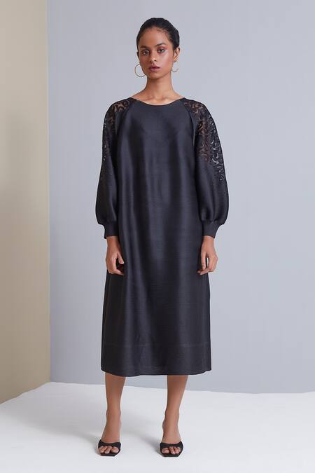 Shop_Scarlet Sage_Black 100% Polyester Floral Round Sophie Sheer Shoulder Dress_Online_at_Aza_Fashions