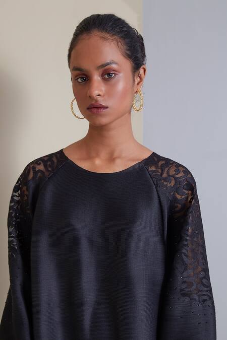Scarlet Sage_Black 100% Polyester Floral Round Sophie Sheer Shoulder Dress_at_Aza_Fashions