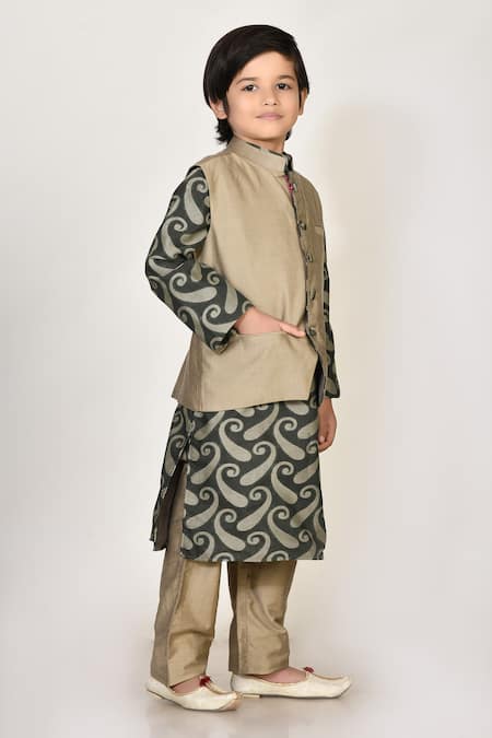 Petite Pomme_Green Handloom Cotton, Silk Embroidery Woven Kurta Set _Online_at_Aza_Fashions