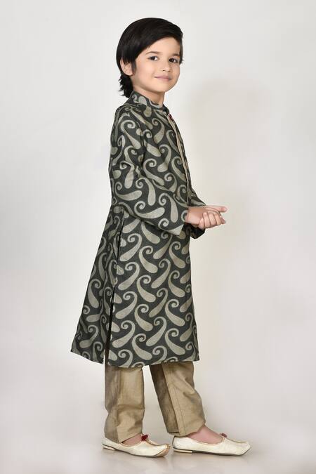 Petite Pomme_Green Handloom Cotton, Silk Embroidery Kurta And Pant Set _Online_at_Aza_Fashions