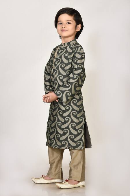 Buy_Petite Pomme_Green Handloom Cotton, Silk Embroidery Kurta And Pant Set _Online_at_Aza_Fashions