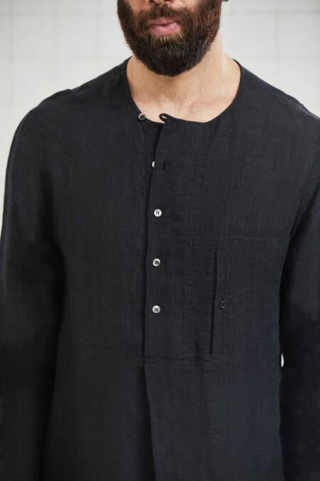 Buy_Rajesh Pratap Singh_Black Linen Digod Handwoven Tunic _Online_at_Aza_Fashions