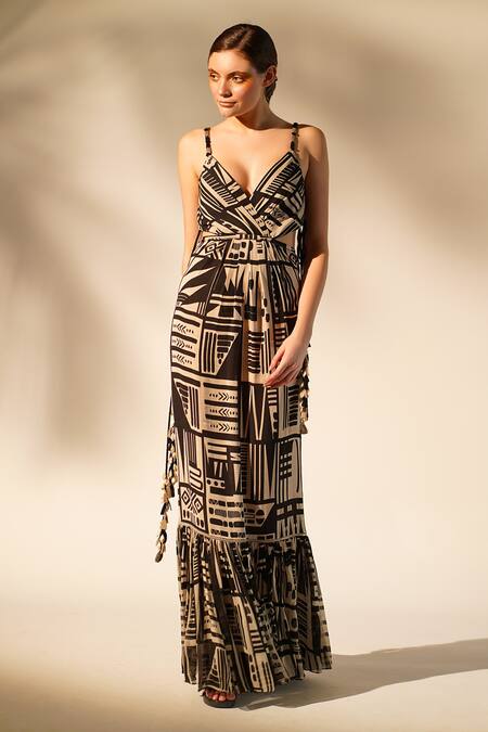 Buy_Nikita Mhaisalkar_White Georgette V-neck Abstract Print Gown _Online_at_Aza_Fashions