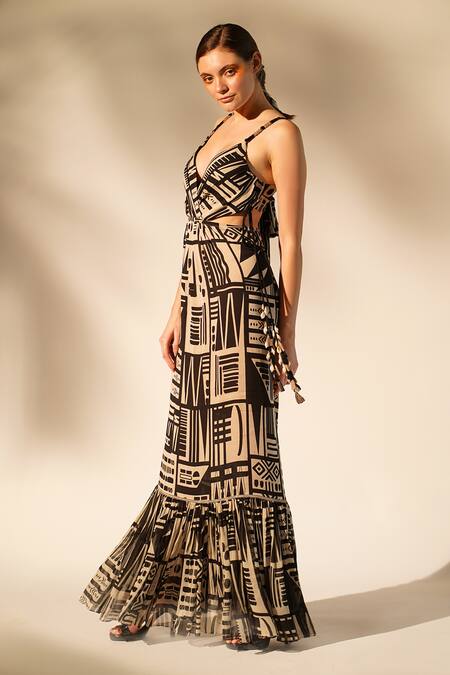 Shop_Nikita Mhaisalkar_White Georgette V-neck Abstract Print Gown _Online_at_Aza_Fashions