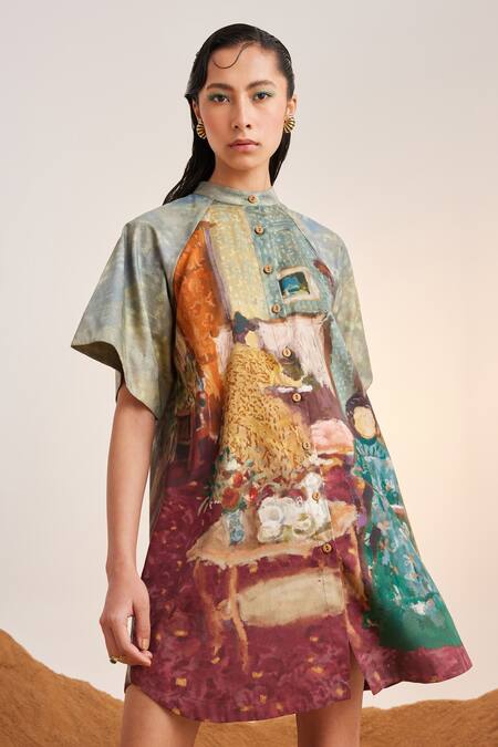 Buy_Cord_Blue Cotton Satin Mandarin Collar High Tea Print A-line Dress_Online_at_Aza_Fashions