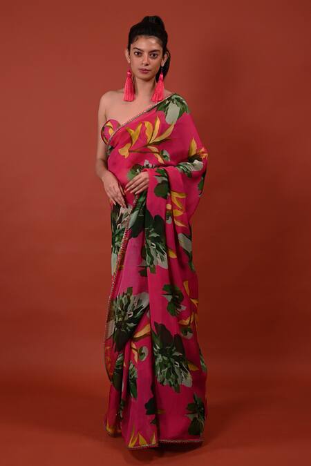 Shop_Rimi Nayak_Pink Organza Chrysanthemum Floral Print Saree _Online_at_Aza_Fashions