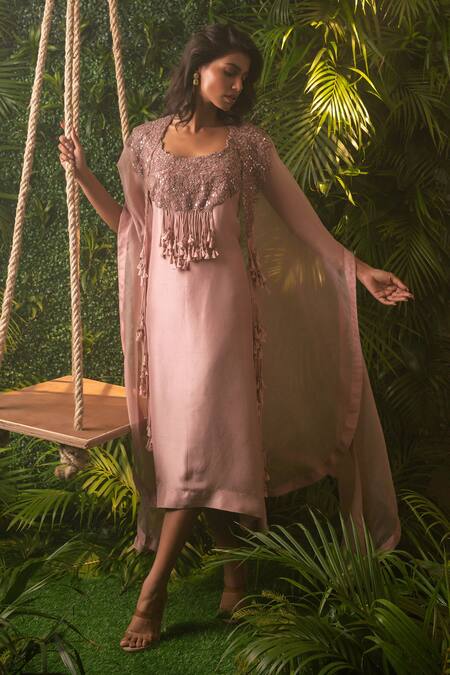 Buy Pallavi Poddar Beige Organza, Denim Sequins Scoop Algebra Mirror Embroidered Dress With Cape Online at Aza Fashions Buy_Pallavi Poddar_Beige Organza, Denim Sequins Scoop Algebra Mirror Embroidered Dress With Cape _Online_at_Aza_Fashions