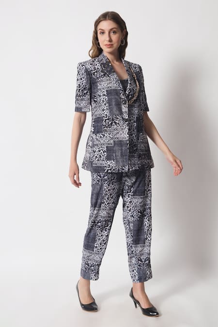 Shop_Soniya G_Black Velvet Chains Blossom Print Blazer And Pant Set_Online_at_Aza_Fashions