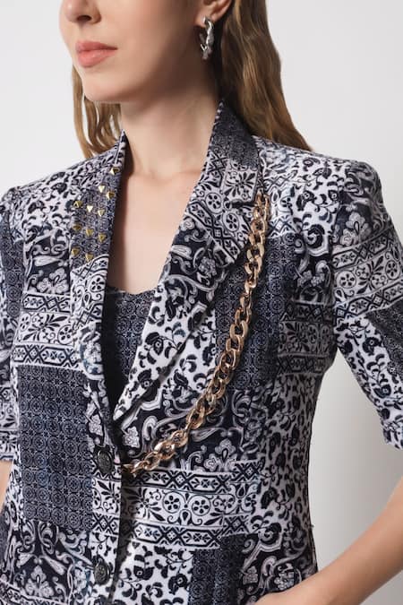 Soniya G_Black Velvet Chains Blossom Print Blazer And Pant Set_at_Aza_Fashions