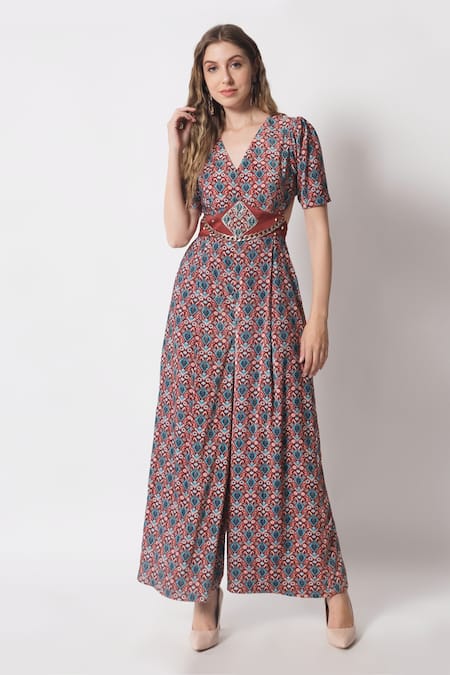Soniya G_Blue Velvet Embroidery V-neck Geometric Print Jumpsuit_Online_at_Aza_Fashions