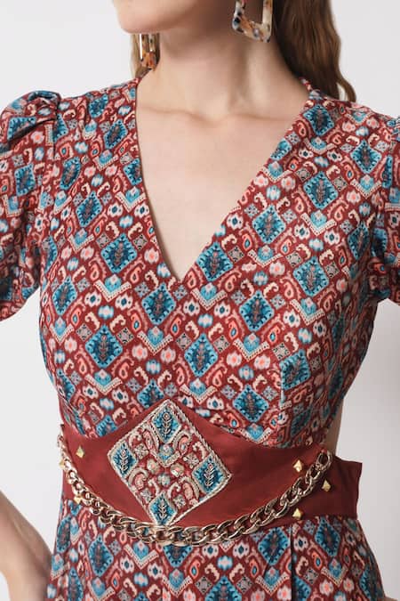 Shop_Soniya G_Blue Velvet Embroidery V-neck Geometric Print Jumpsuit_Online_at_Aza_Fashions