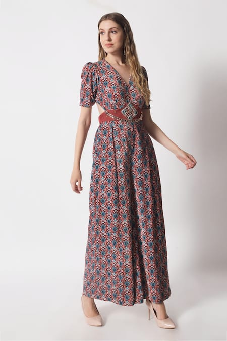 Soniya G_Blue Velvet Embroidery V-neck Geometric Print Jumpsuit_at_Aza_Fashions