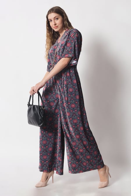 Soniya G_Brown Velvet V-neck Garden Print Jumpsuit _Online_at_Aza_Fashions