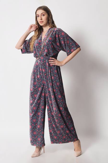 Buy_Soniya G_Brown Velvet V-neck Garden Print Jumpsuit _Online_at_Aza_Fashions